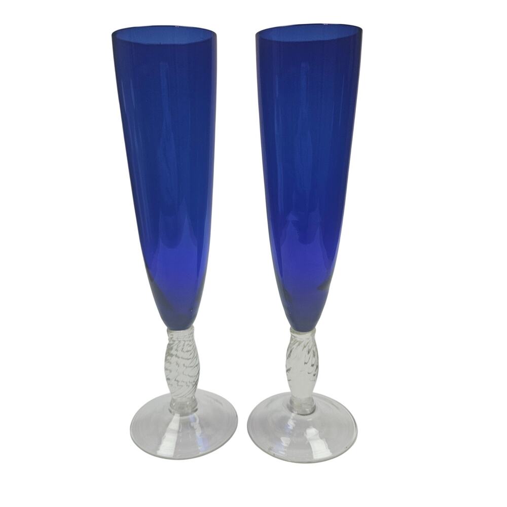 RARE VTG Cobalt Blue Champagne Flutes Twist Clear Stems Set of 2 Glasses